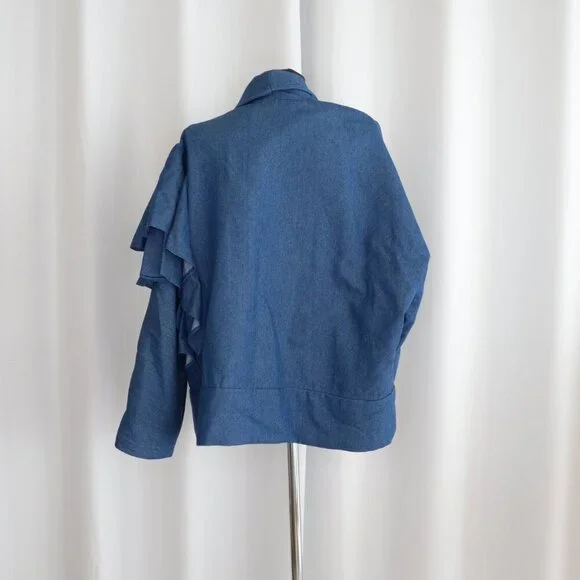 Handmade One of a Kind Denim Asymmetric Handpainted Ruffle Jacket Sz S-L - Picture 2 of 6